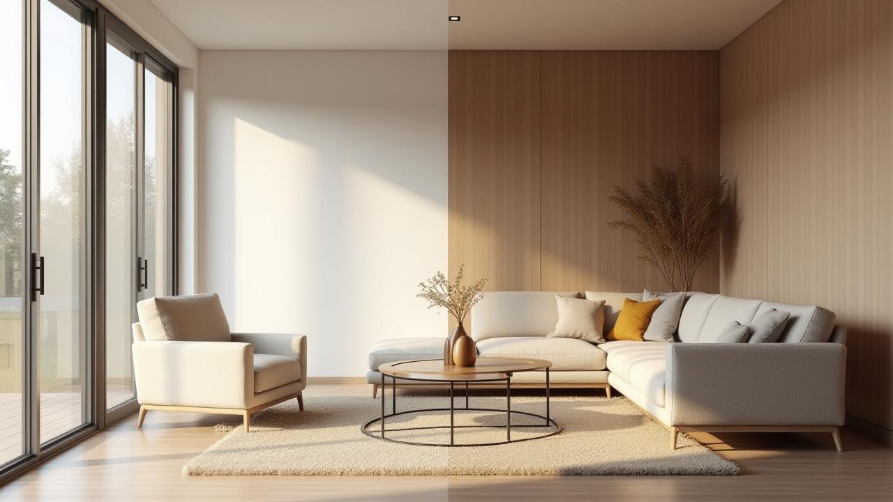 Split image showing an empty living room on one side and the same living room virtually staged with elegant furniture on the other.