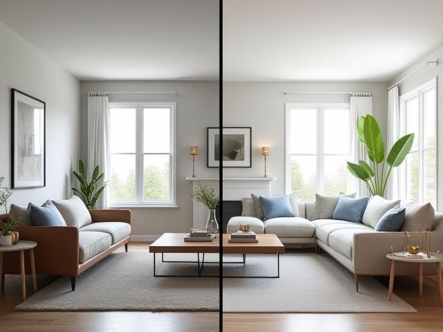 Before and after slider for a living room, demonstrating virtual staging from empty to furnished.