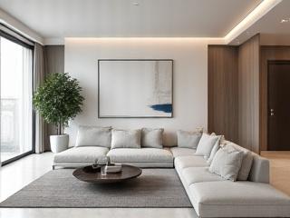 A modern, minimalist living room with clean lines and neutral colours.