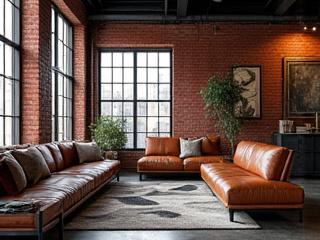 An industrial loft style interior with exposed brick, metal accents, and robust furniture.